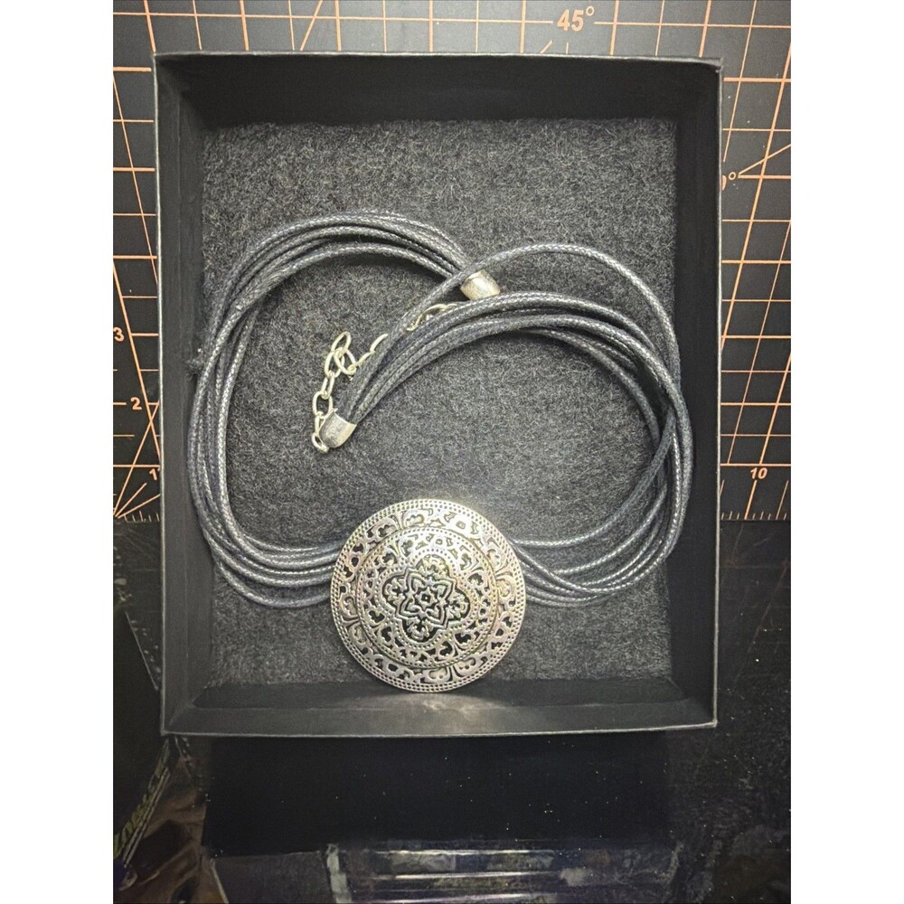 St Thomas Black Multi Strand Cord Necklace Silver Tone Medallion Boho Statement